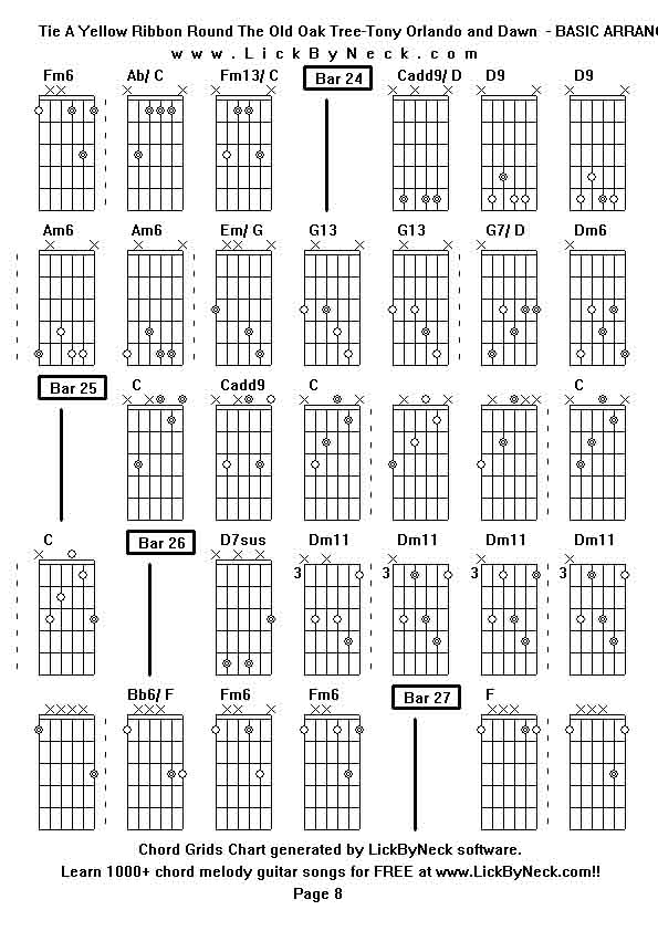 Chord Grids Chart of chord melody fingerstyle guitar song-Tie A Yellow Ribbon Round The Old Oak Tree-Tony Orlando and Dawn  - BASIC ARRANGEMENT,generated by LickByNeck software.